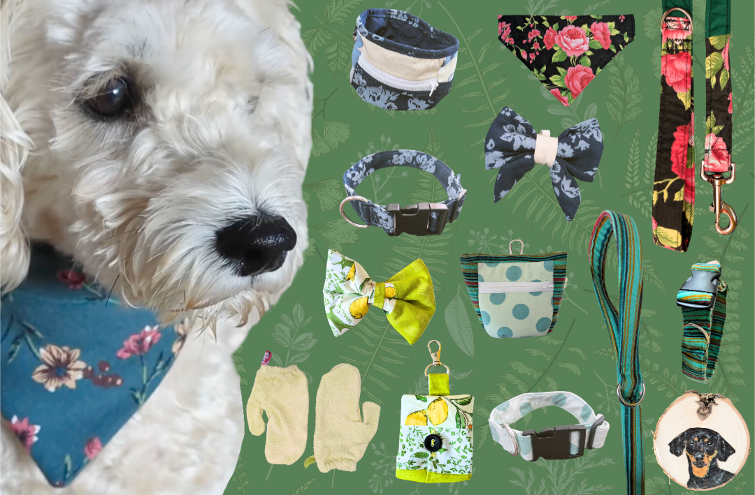 Flatlay of upcycled fabric eco dog collars, bandanas, leashes and other handmade dog accessories
