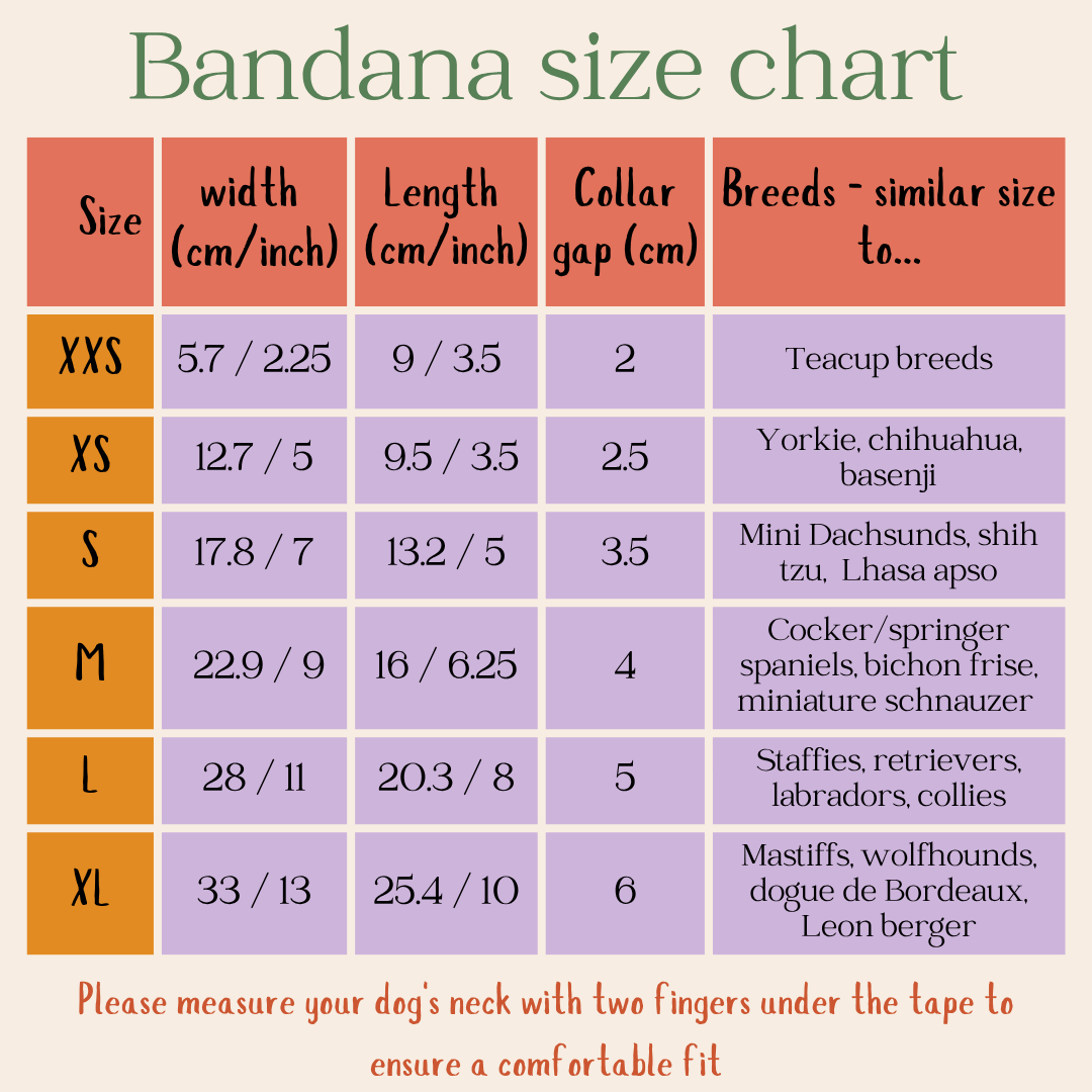 Eco upcycled dog bandana size chart over the collar