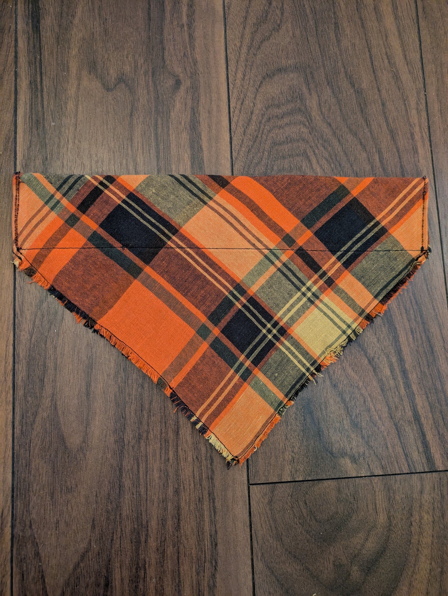 Fringed orange check dog bandana - L