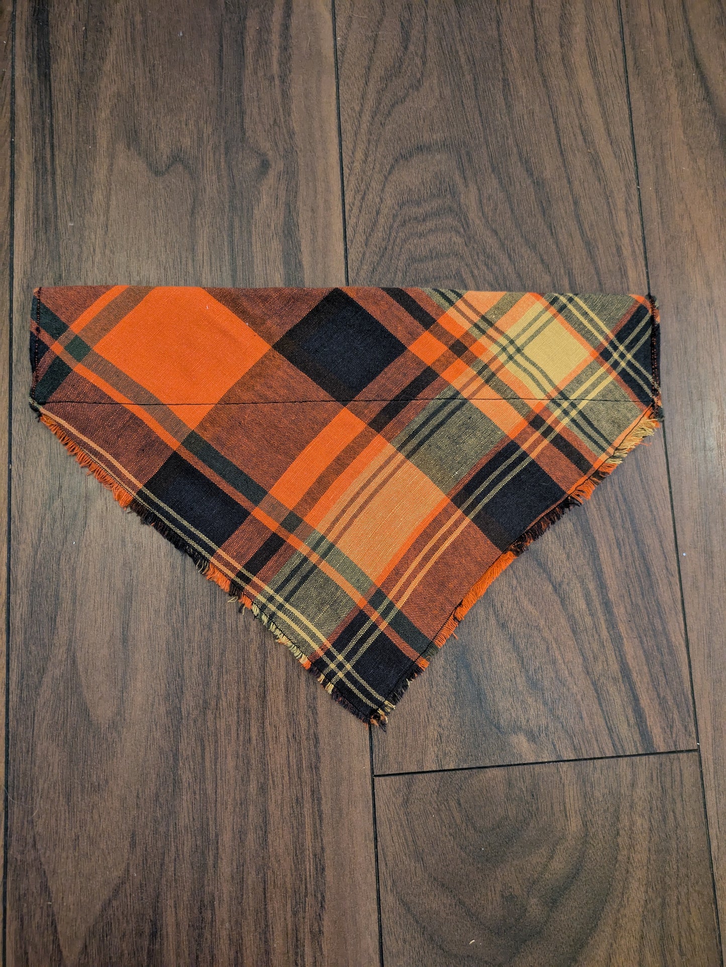 Fringed orange check dog bandana - L
