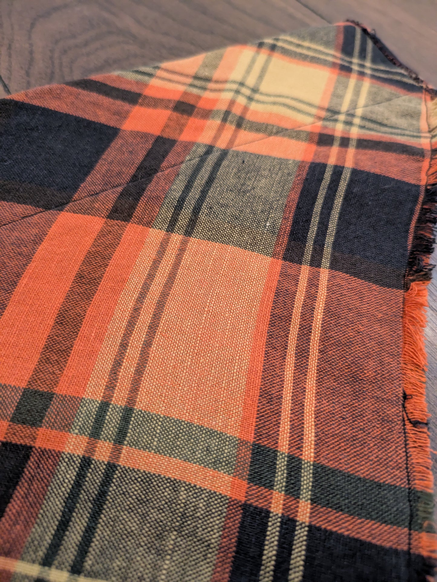 Fringed orange check dog bandana - L