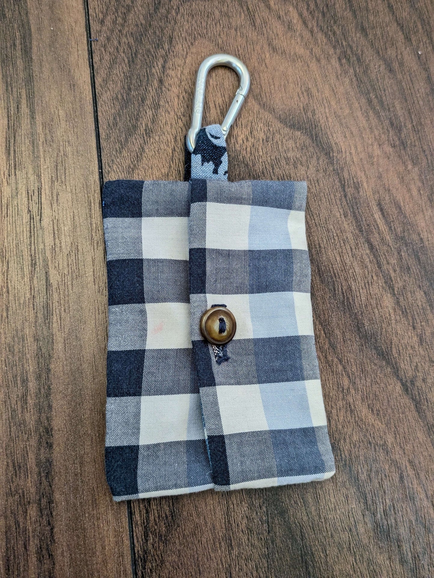 Blue check poo bag holder