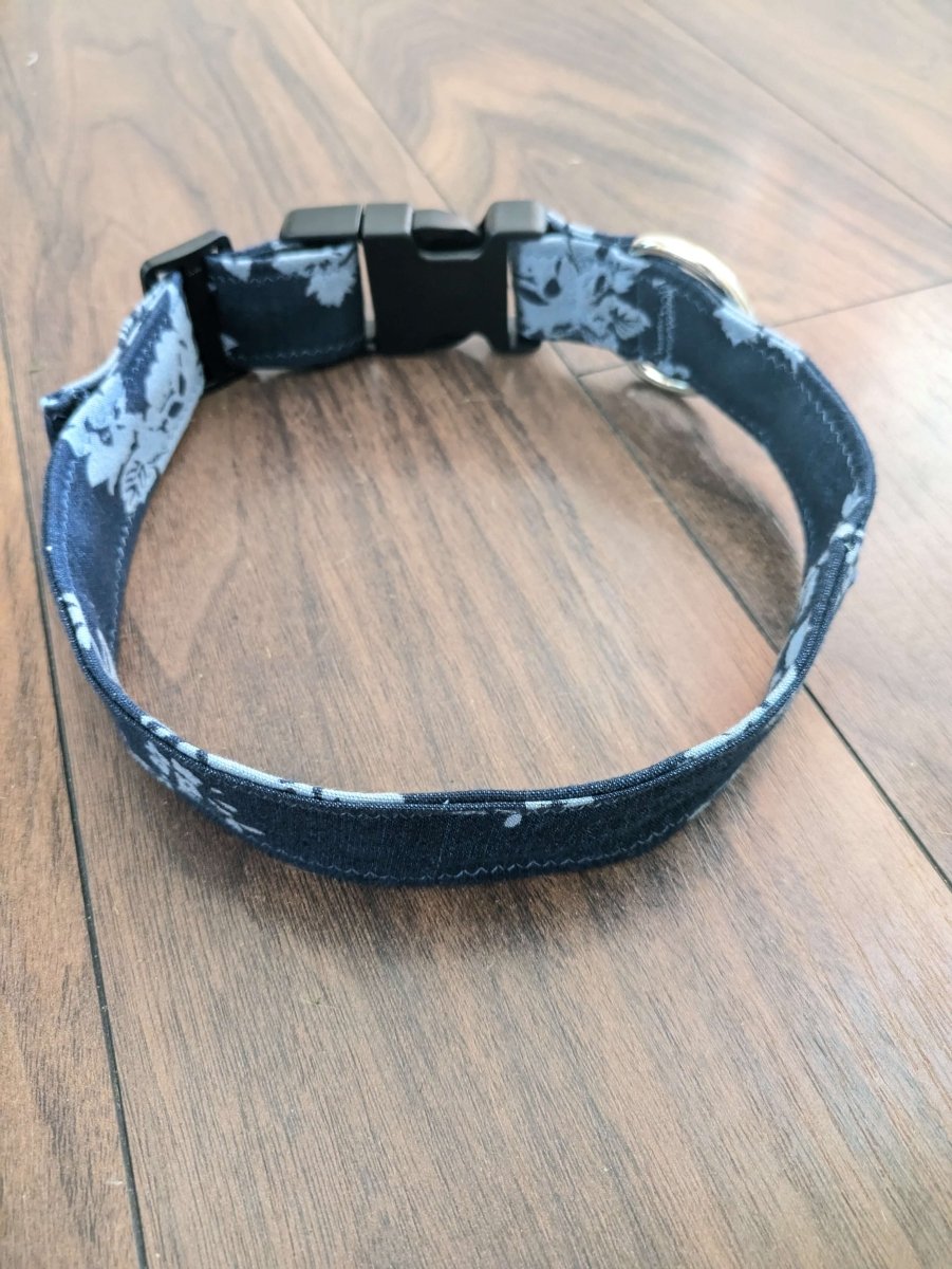 Rose denim - upcycled dog collar (large) - Fetch & Fettle