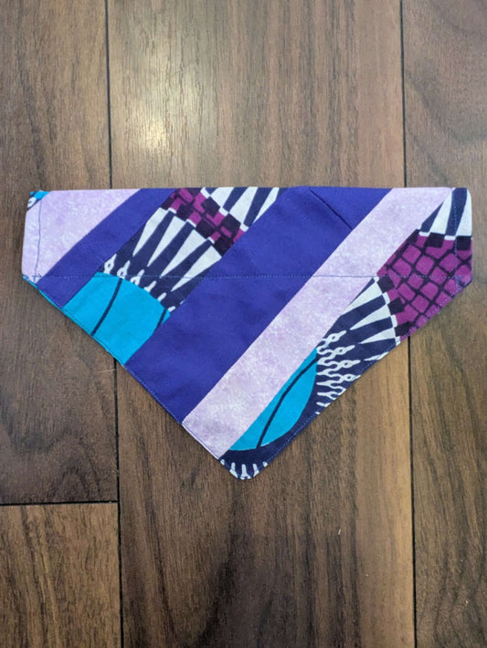 Handmade patchwork dog bandana UK from old fabrics, blue and purple cotton