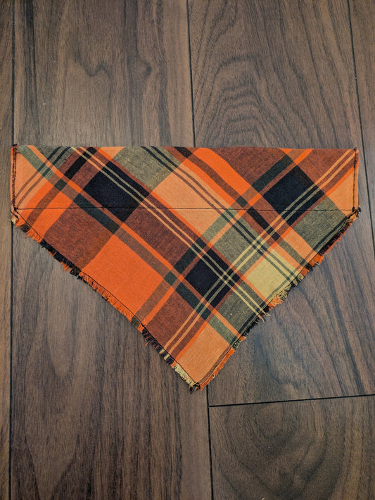 Fringed orange check dog bandana - L