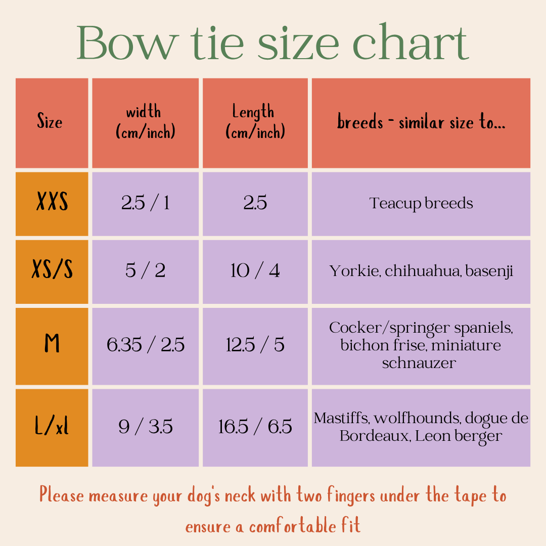 Size chart for upcycled dog bows and bow ties by Fetch & Fettle