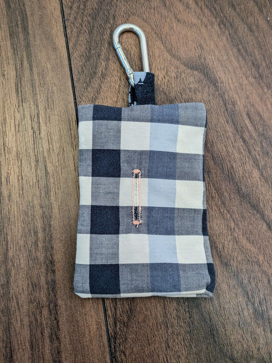 Upcycled Dog Poo Bag Holder – Clip-on waste bag dispenser pouch, Eco-Friendly & Handmade in the UK. Made from a blue and white old check shirt, complete with buttonhole and metal clip.