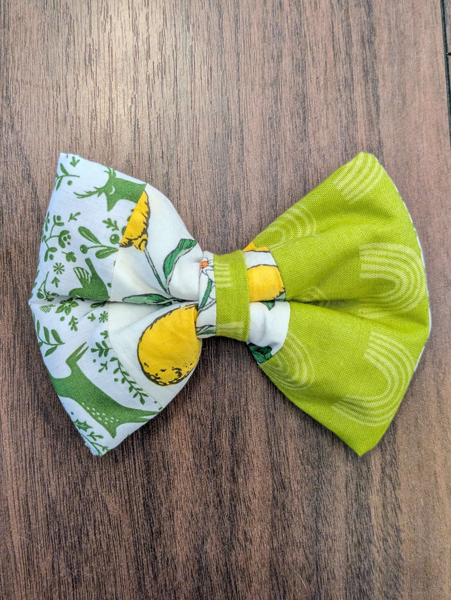 Eco friendly patchwork dog bow yellow lemons, lime green and white pattern fabric