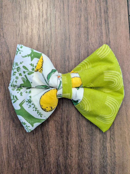 Eco friendly patchwork dog bow yellow lemons, lime green and white pattern fabric