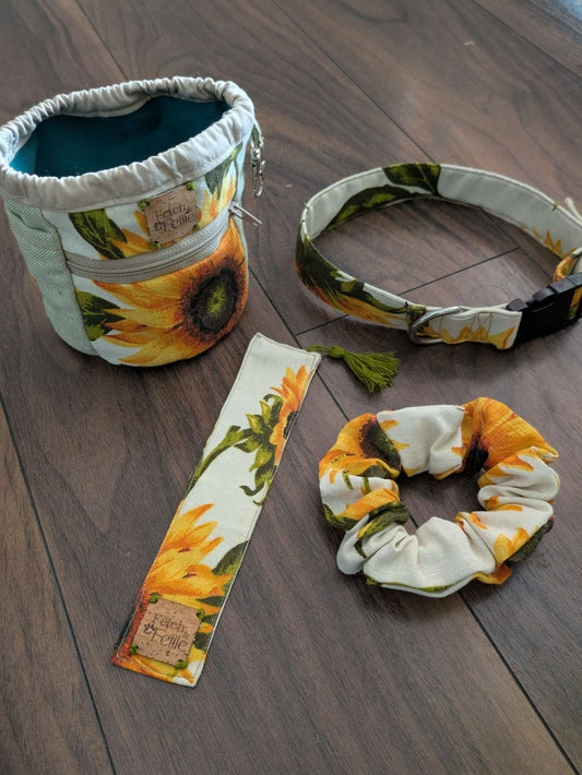 Matching dog and human set of treat pouch, collar, bookmark and scrunchie in rescued eco sunflower pattern fabric. Handmade in the uk